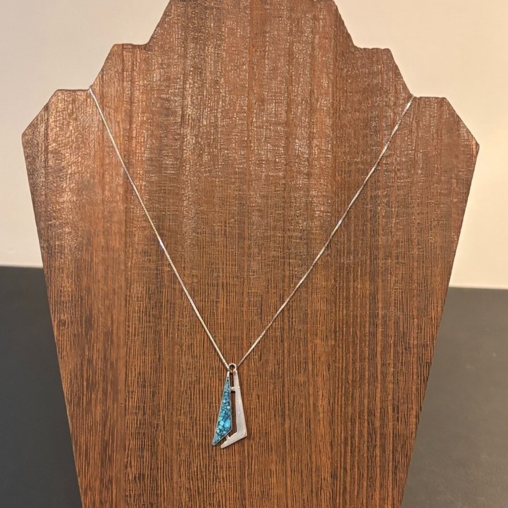 Taxco Mexico 925 Sterling Silver Signed Turqouise Modernist Pendant Necklace 17"